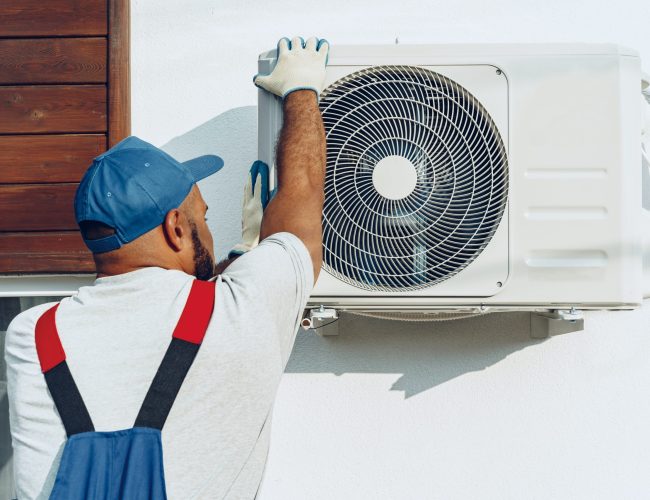 Repairman in uniform installing the outside unit of air conditioner close up